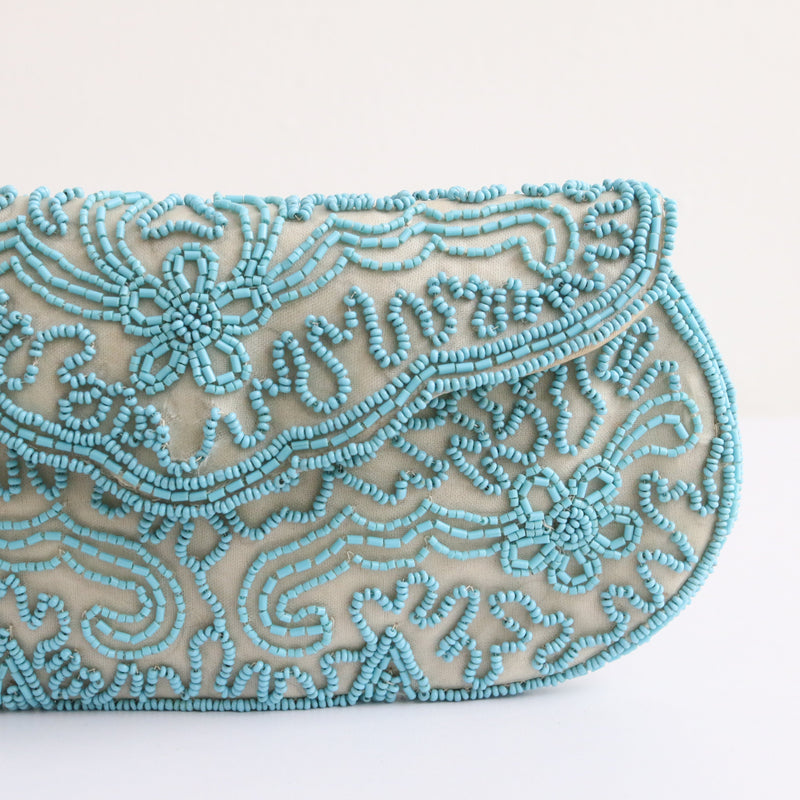 "Turquoise Beadwork" Vintage 1950's Turquoise & Organza Beaded Clutch Bag