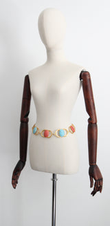 "Coral & Turquoise" Vintage 1970's Coral & Turquoise Cabochons Chain Belt UK 8 US 4