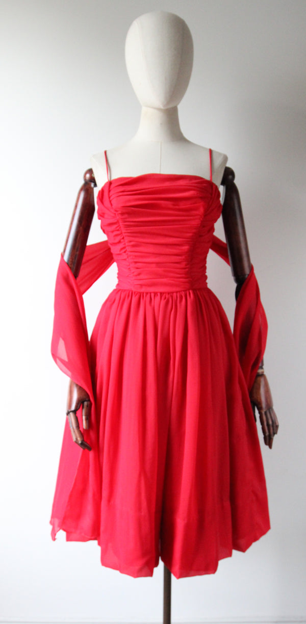 "A Vision in Red" Vintage 1950's Red Pleated Sash Cocktail Dress UK 8 US 4