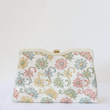 "Embroidered Leather" Vintage 1950's Cream Leather Embroidered Clutch Bag