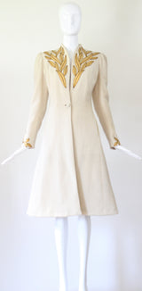 "Golden Leaves" Vintage 1930's Cream Wool & Gold Leather Leaf Coat UK 8 US 4