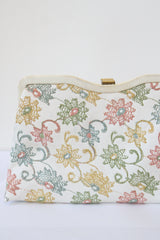 "Embroidered Leather" Vintage 1950's Cream Leather Embroidered Clutch Bag