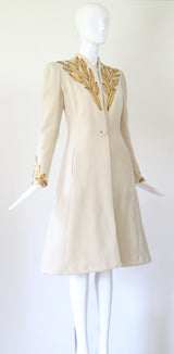 "Golden Leaves" Vintage 1930's Cream Wool & Gold Leather Leaf Coat UK 8 US 4