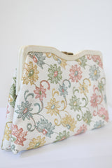 "Embroidered Leather" Vintage 1950's Cream Leather Embroidered Clutch Bag