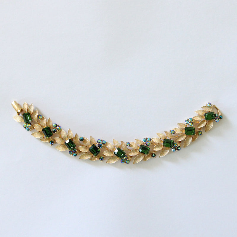 "Brushed Gold Leaves & Rhinestones" Vintage 1950's Lisner Full Parure Jewellery Set