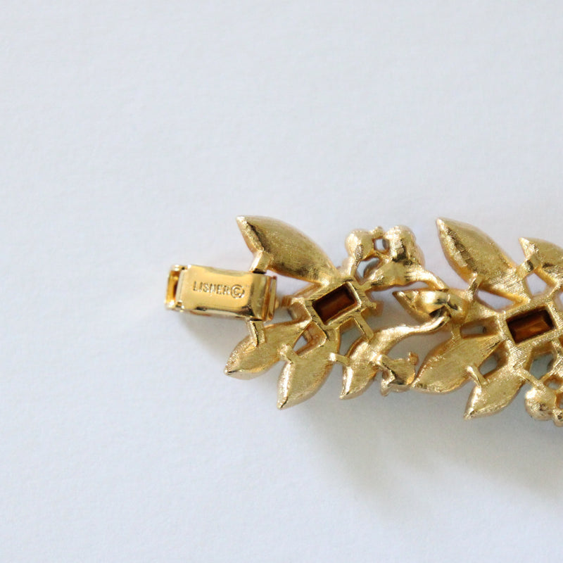 "Brushed Gold Leaves & Rhinestones" Vintage 1950's Lisner Full Parure Jewellery Set