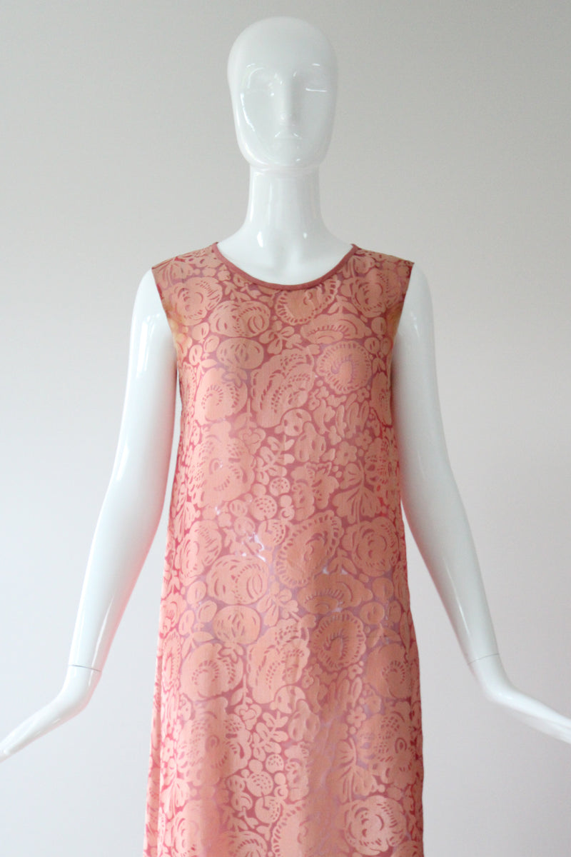 "Blooms & Pomegranates" Vintage 1920's Pink Burnout Silk Dress UK 6 US 2