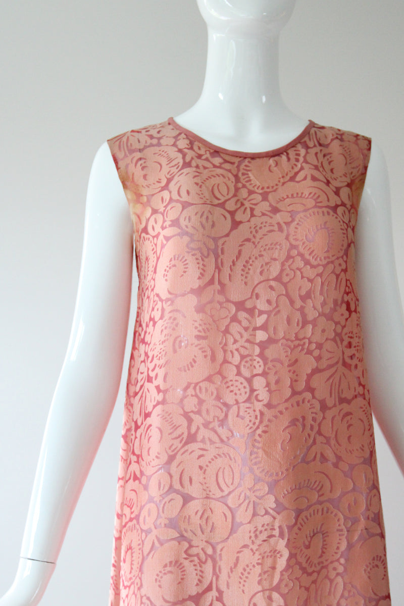 "Blooms & Pomegranates" Vintage 1920's Pink Burnout Silk Dress UK 6 US 2