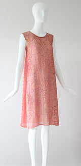 "Blooms & Pomegranates" Vintage 1920's Pink Burnout Silk Dress UK 6 US 2