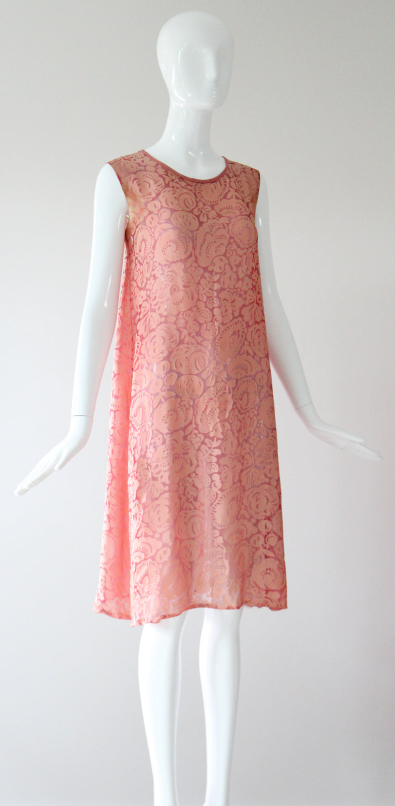 "Blooms & Pomegranates" Vintage 1920's Pink Burnout Silk Dress UK 6 US 2