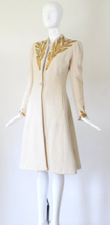 "Golden Leaves" Vintage 1930's Cream Wool & Gold Leather Leaf Coat UK 8 US 4