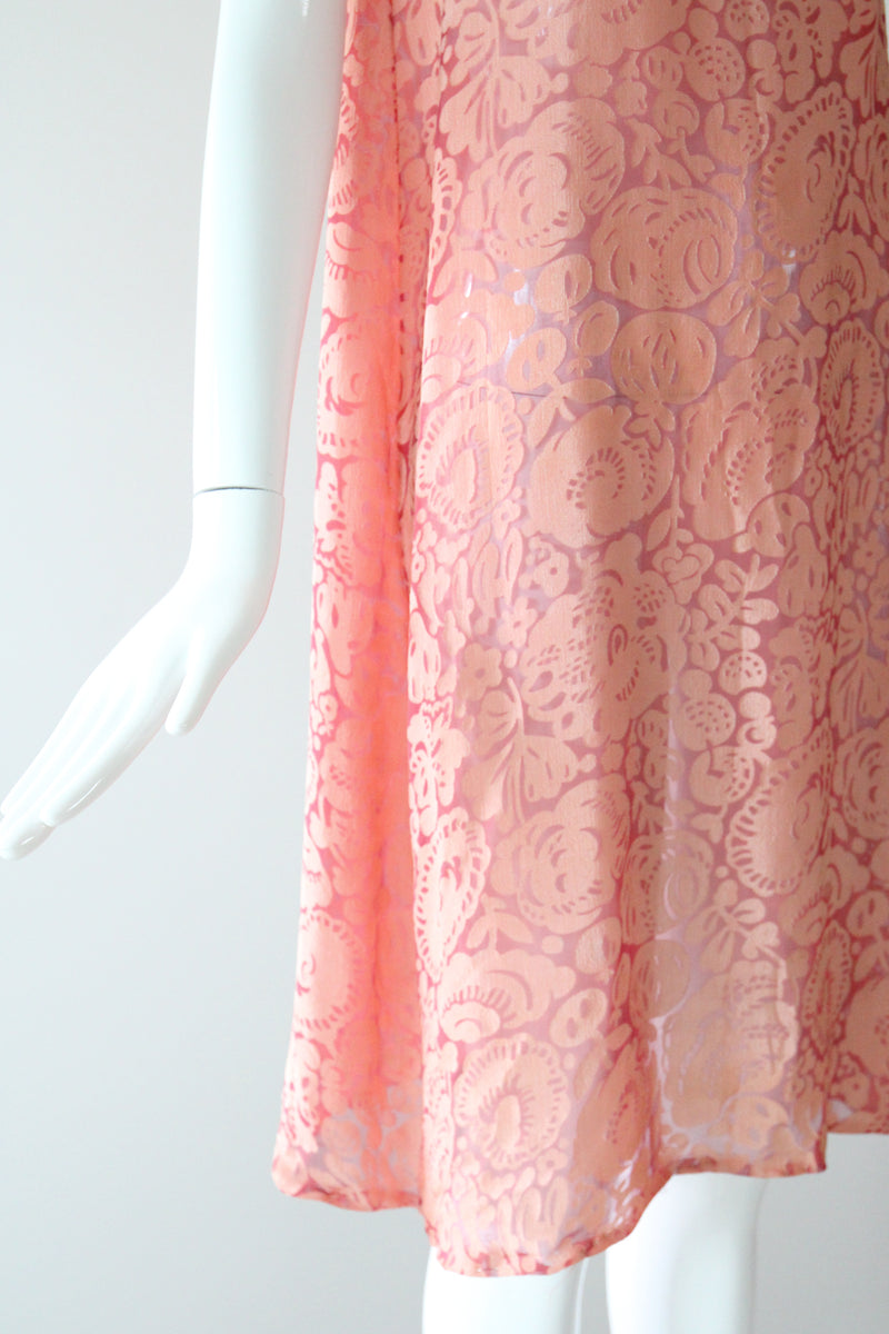 "Blooms & Pomegranates" Vintage 1920's Pink Burnout Silk Dress UK 6 US 2