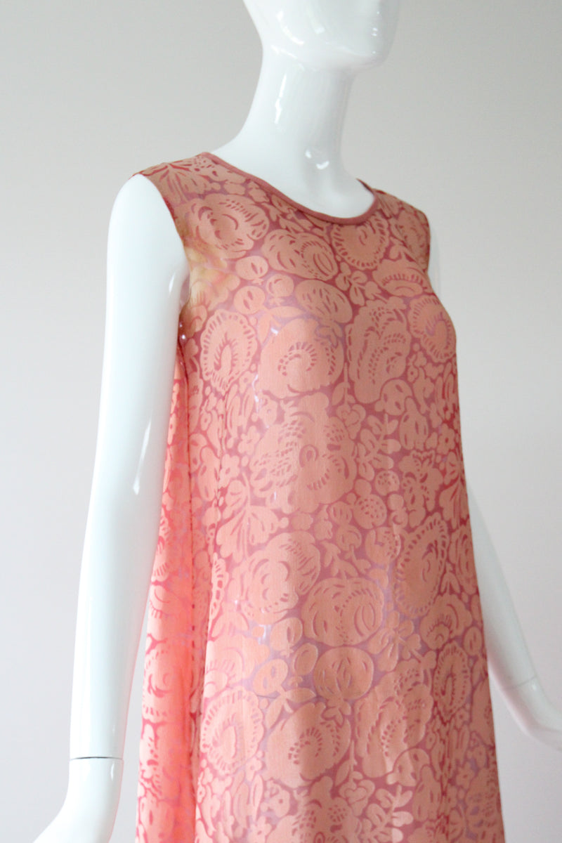 "Blooms & Pomegranates" Vintage 1920's Pink Burnout Silk Dress UK 6 US 2