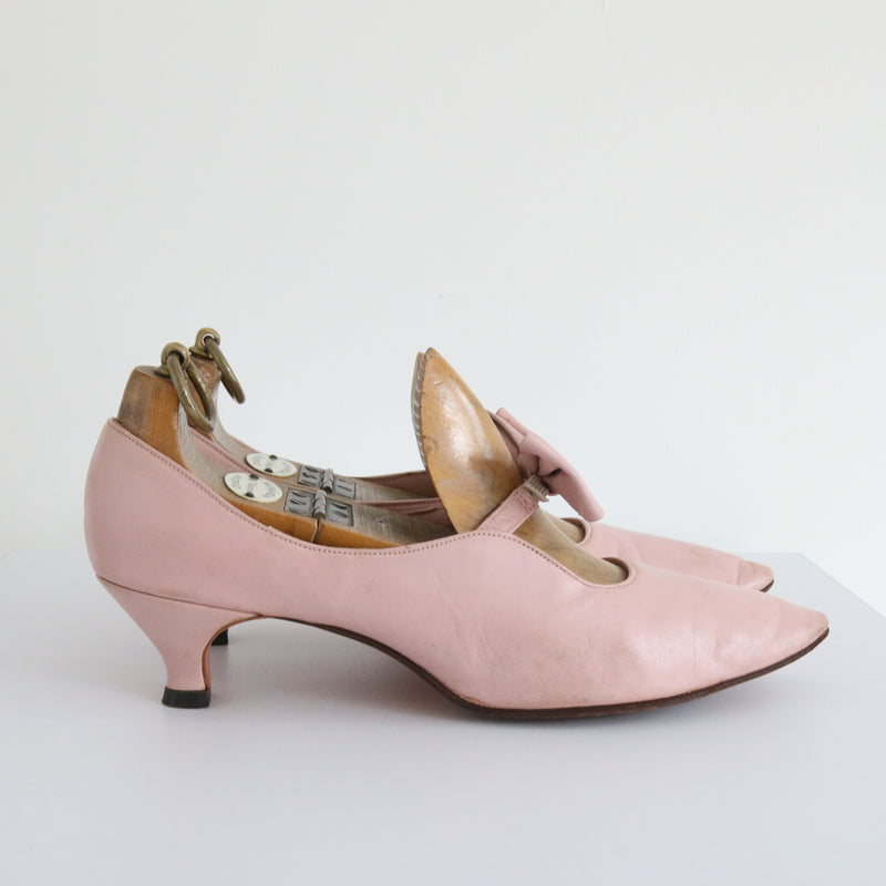 "Cover Girl" Vintage 1960's Pink Leather Bow  Kitten Heels UK 5 EU 38  US 7