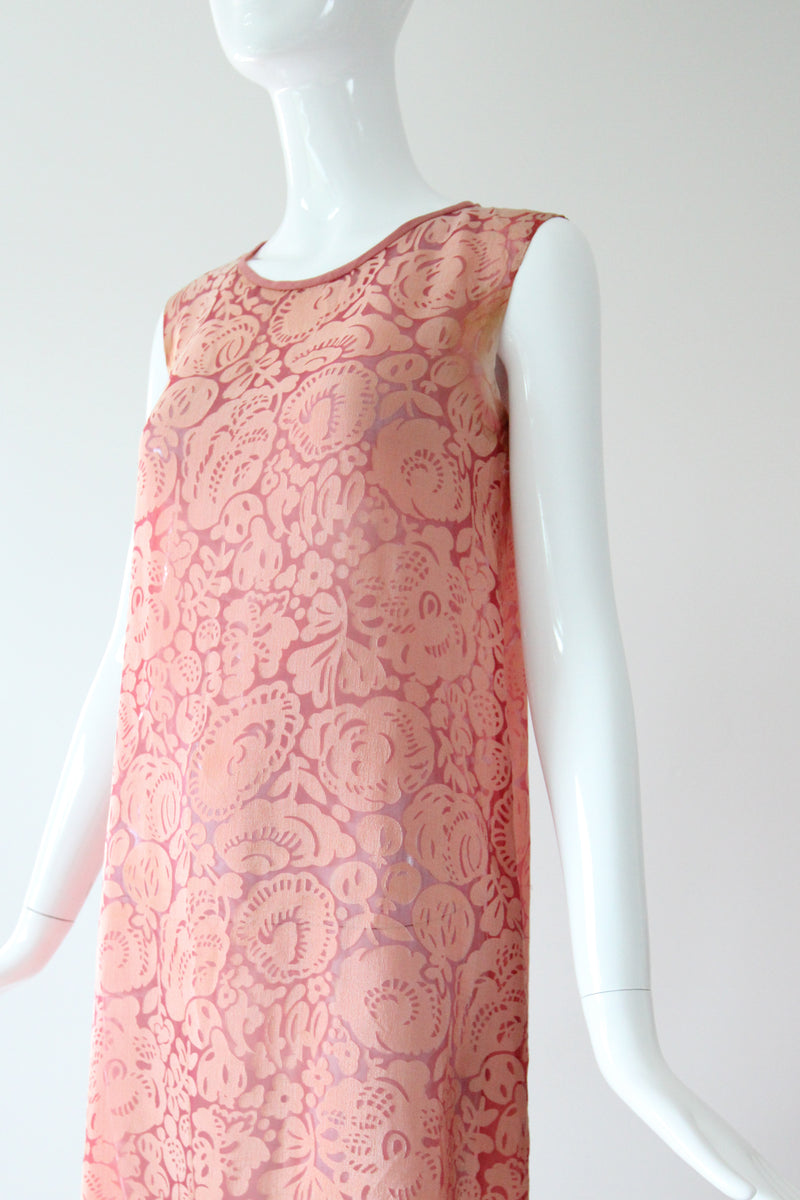 "Blooms & Pomegranates" Vintage 1920's Pink Burnout Silk Dress UK 6 US 2