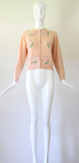 'Peony Appliqués" Vintage 1950's Pink Cashmere Peony Appliques Cardigan UK 10 US 6