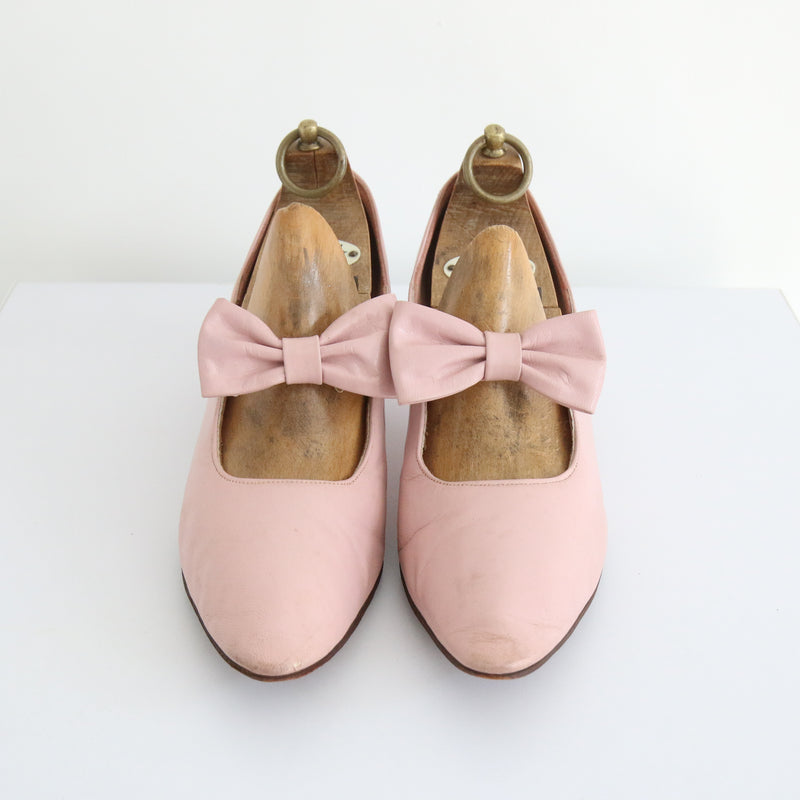 "Cover Girl" Vintage 1960's Pink Leather Bow  Kitten Heels UK 5 EU 38  US 7