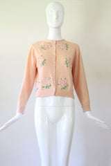 'Peony Appliqués" Vintage 1950's Pink Cashmere Peony Appliques Cardigan UK 10 US 6