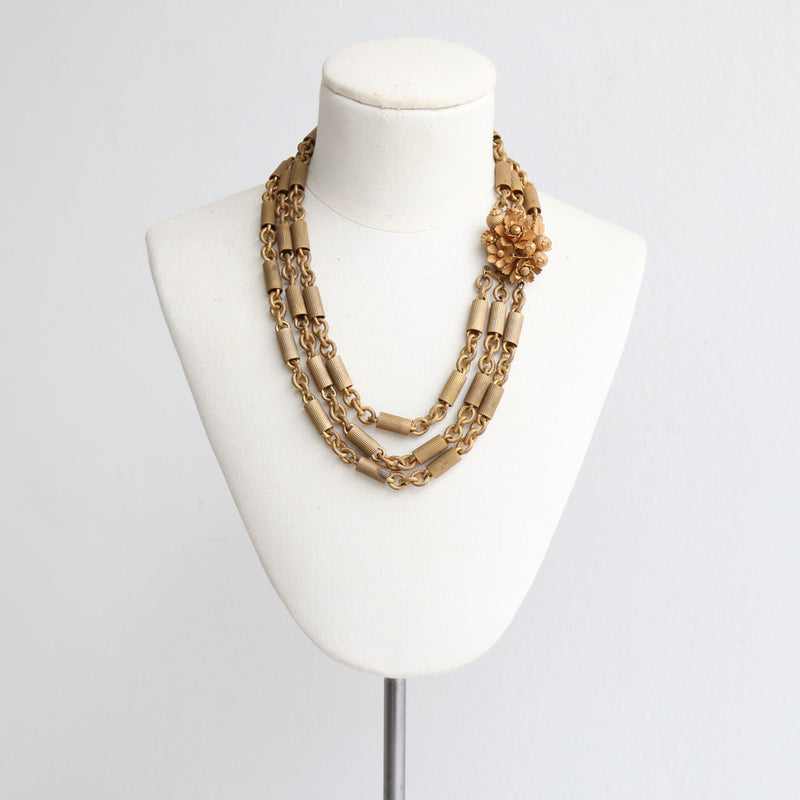 "Textured Brass & Florals" Vintage 1940's Brass Multi-Strand Necklace