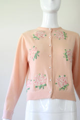 'Peony Appliqués" Vintage 1950's Pink Cashmere Peony Appliques Cardigan UK 10 US 6