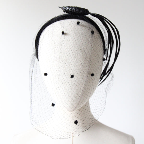 "Black Bird" Vintage 1950's Black Sequin & Velvet Bird & Birdcage Veil Hairband