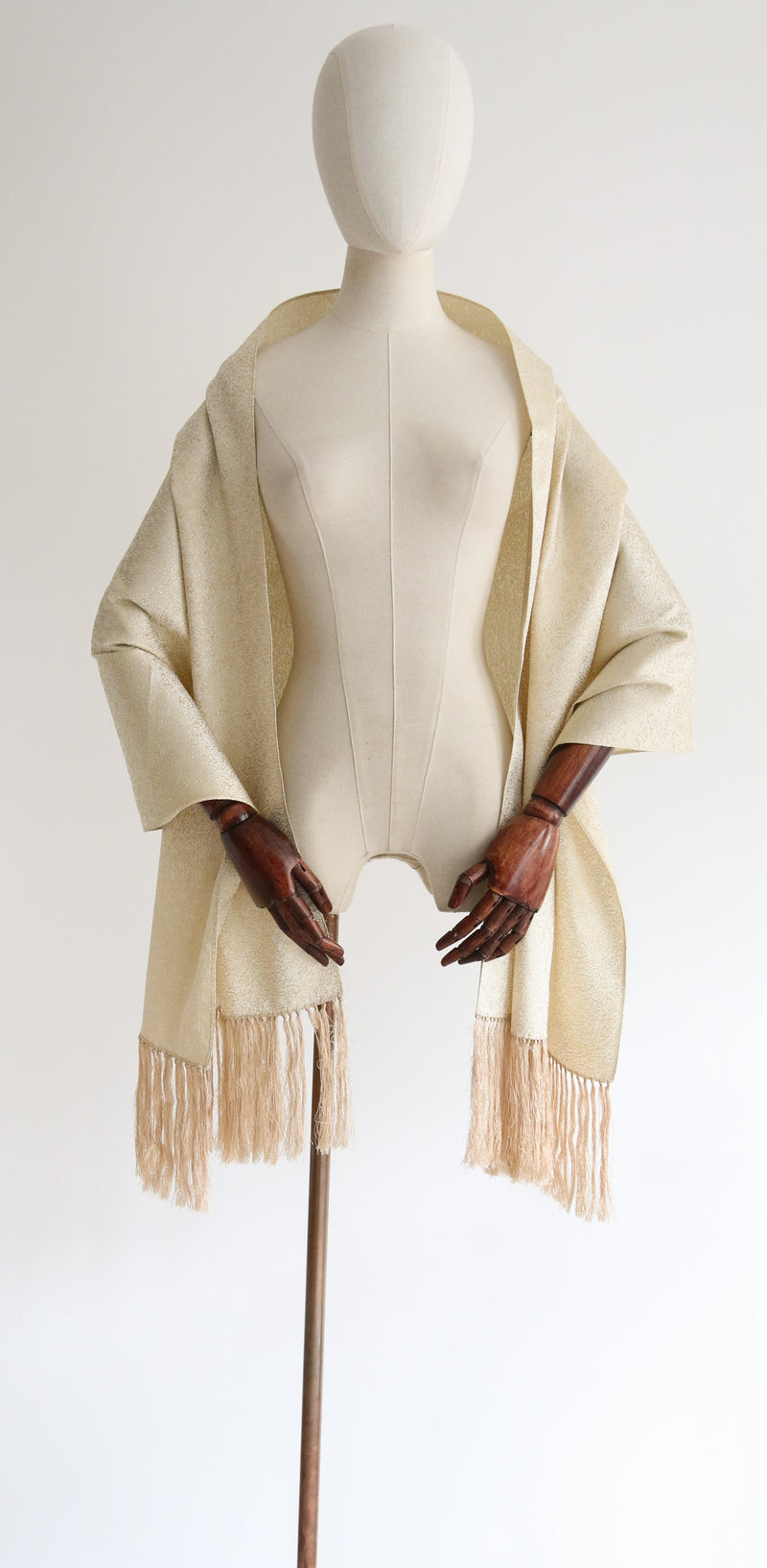 "Gold Lurex Florals" Vintage 1950's Cream & Gold Lurex Floral Fringed Scarf
