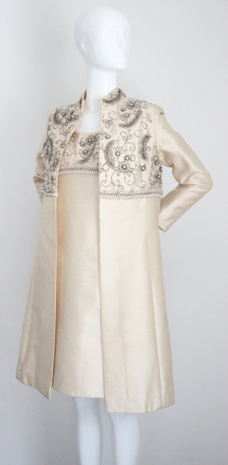 "Cream Silk & Silver Floral Beadwork" Vintage 1960's Cream Silk Beaded Dress & Coat Set UK 10 US 6