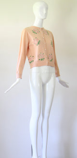 'Peony Appliqués" Vintage 1950's Pink Cashmere Peony Appliques Cardigan UK 10 US 6