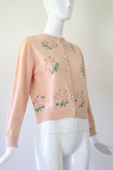 'Peony Appliqués" Vintage 1950's Pink Cashmere Peony Appliques Cardigan UK 10 US 6