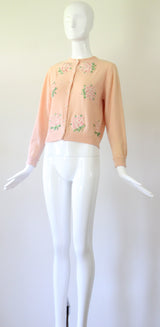 'Peony Appliqués" Vintage 1950's Pink Cashmere Peony Appliques Cardigan UK 10 US 6