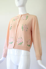 'Peony Appliqués" Vintage 1950's Pink Cashmere Peony Appliques Cardigan UK 10 US 6