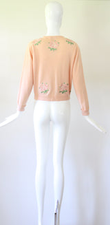 'Peony Appliqués" Vintage 1950's Pink Cashmere Peony Appliques Cardigan UK 10 US 6
