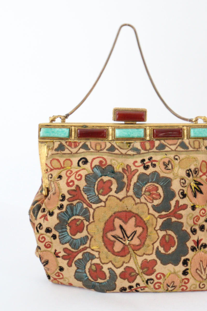 "Painted Florals" Vintage 1930's Painted & Embroidered Handbag