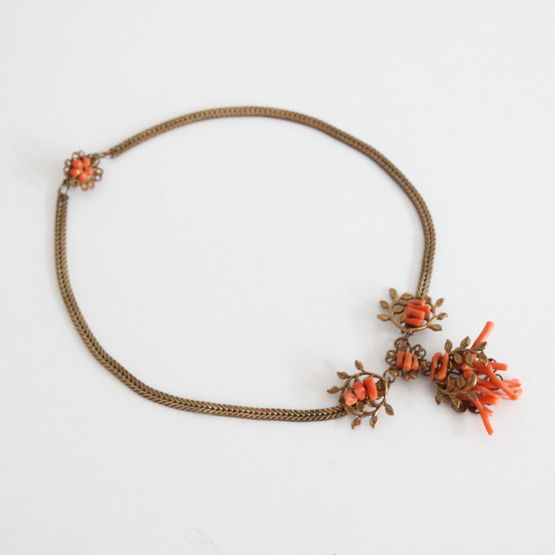 "Coral & Filigrée" Vintage 1930's Coral & Brass Floral Filigrée necklace