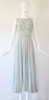 "Trailing White Daisies" Vintage 1960's Muted Blue Silk Chiffon Beaded Gown UK 6 US 2