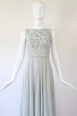 "Trailing White Daisies" Vintage 1960's Muted Blue Silk Chiffon Beaded Gown UK 6 US 2