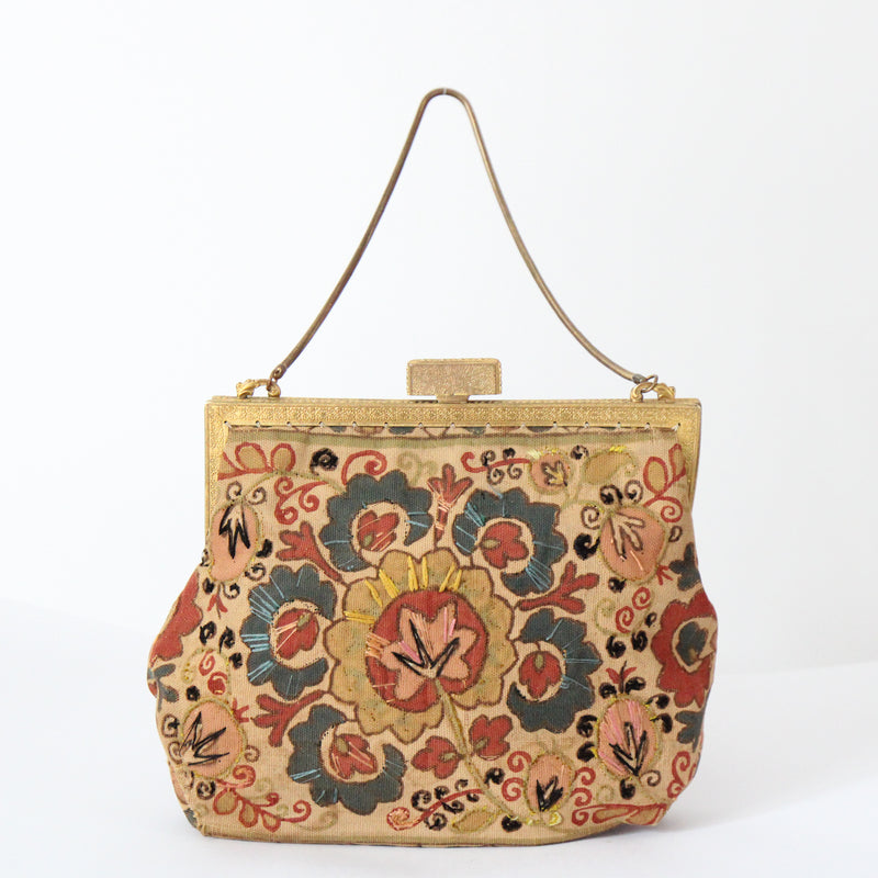 "Painted Florals" Vintage 1930's Painted & Embroidered Handbag