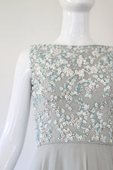 "Trailing White Daisies" Vintage 1960's Muted Blue Silk Chiffon Beaded Gown UK 6 US 2