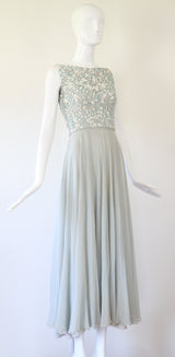 "Trailing White Daisies" Vintage 1960's Muted Blue Silk Chiffon Beaded Gown UK 6 US 2
