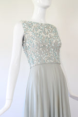 "Trailing White Daisies" Vintage 1960's Muted Blue Silk Chiffon Beaded Gown UK 6 US 2