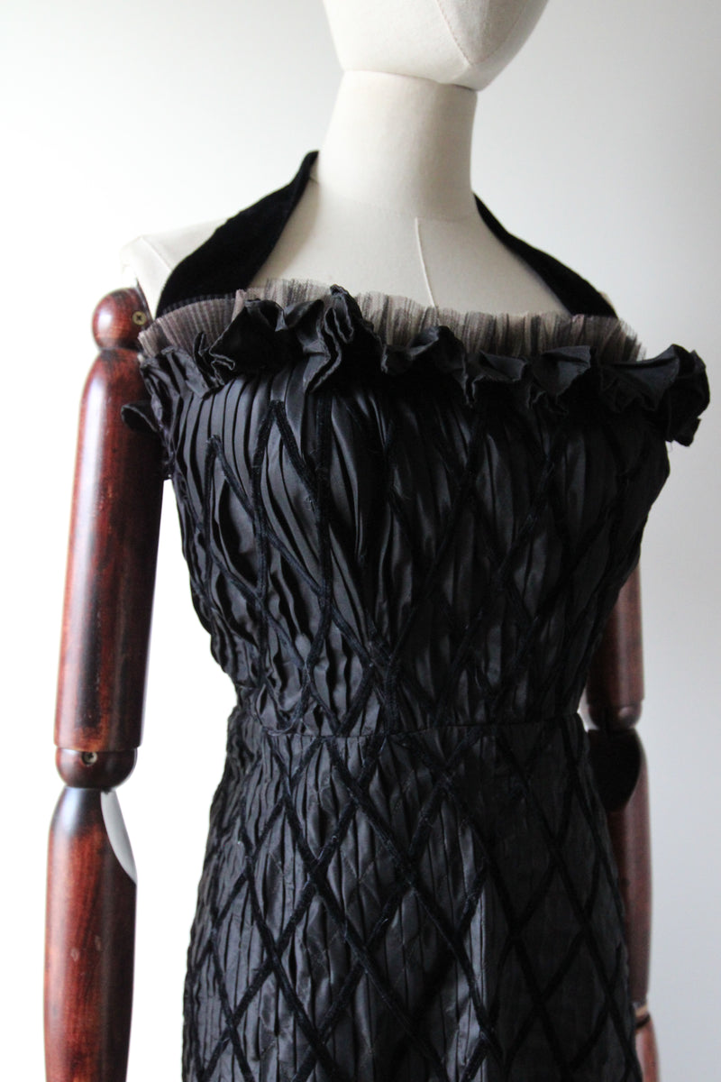 "Pleated Silk & Diamond Velvet" Vintage 1950's Silk & Velvet Pleated Cocktail Dress UK 8 US 4