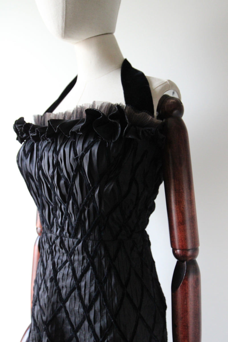 "Pleated Silk & Diamond Velvet" Vintage 1950's Silk & Velvet Pleated Cocktail Dress UK 8 US 4