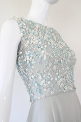 "Trailing White Daisies" Vintage 1960's Muted Blue Silk Chiffon Beaded Gown UK 6 US 2