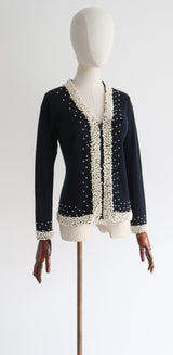 "Pearlescent Nightfall" Vintage 1960's Pearl Embellished Navy Blue Wool Cardigan UK 12-14 US 8-10