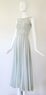 "Trailing White Daisies" Vintage 1960's Muted Blue Silk Chiffon Beaded Gown UK 6 US 2