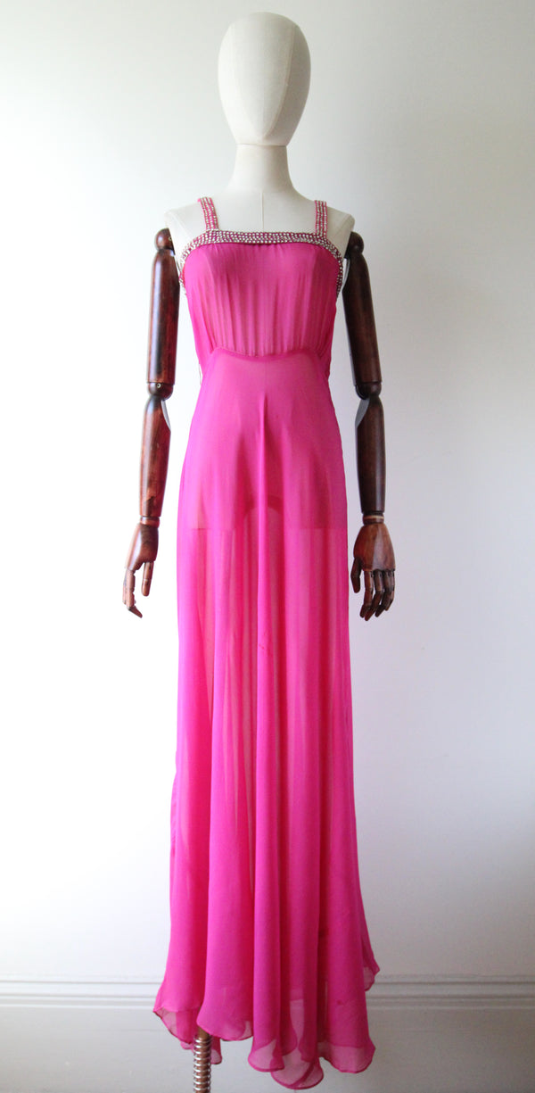 "Fuchsia Pink & Rhinestones" Vintage 1930's Fuchsia Pink Silk & Rhinestone Embellished Gown & Cape UK 6 US 2