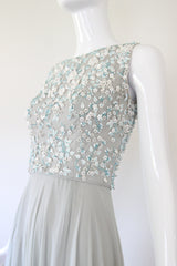 "Trailing White Daisies" Vintage 1960's Muted Blue Silk Chiffon Beaded Gown UK 6 US 2