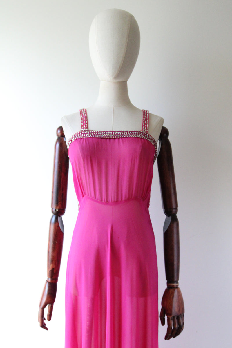 "Fuchsia Pink & Rhinestones" Vintage 1930's Fuchsia Pink Silk & Rhinestone Embellished Gown & Cape UK 6 US 2