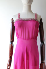 "Fuchsia Pink & Rhinestones" Vintage 1930's Fuchsia Pink Silk & Rhinestone Embellished Gown & Cape UK 6 US 2