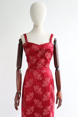 "Venetian Red Satin & Lamé" Vintage Late 1950's Red Satin & Lamé Embroidered Gown UK 8-10 US 4-6